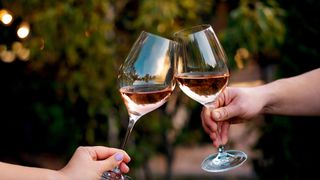 two people toasting with shiny wine glasses filled with rosé wine