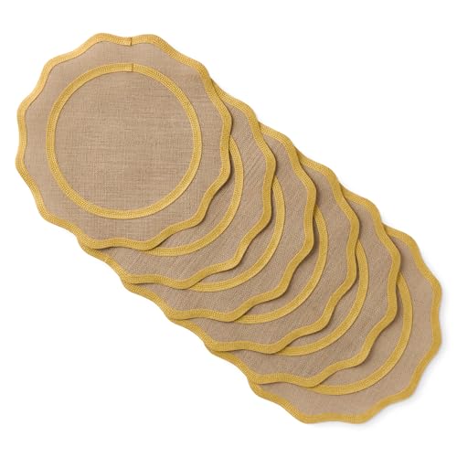 Martha Stewart Hessian Textured Wedge Border Placemats 6-Pack Set, 100% Natural Jute & Burlap, Woven Scallop Border Placemat, Natural/mustard Yellow, 15”x15” Round