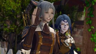 Final Fantasy 14 - A Miqo'te and Au Ra walking together outside as they wave and smile