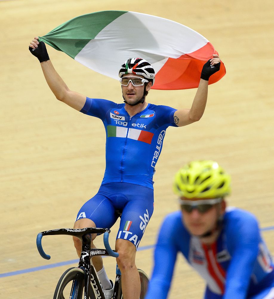Italy's Elia Viviani celebrates after winning the Men's Omnium competition at the Track Elite European Championships
