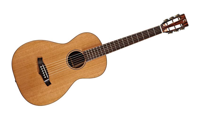 The tan-coloured solid cedar top exhibits a close, precise grain with a thin rosette ring inlay
