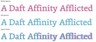 In the magenta text, no ligatures are used. Note the awkwardly antisocial 'ffl' and 'ffi'