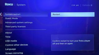 The Roku system restart menu with Restart highlighted, can help fix a Roku that is not working right