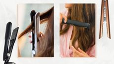 Two close-up pictures of women using straighteners on their hair, alongside product shots of the ghd Platinum+ straightener and the Dyson Corrale™, all featured in a grey and white marbled template