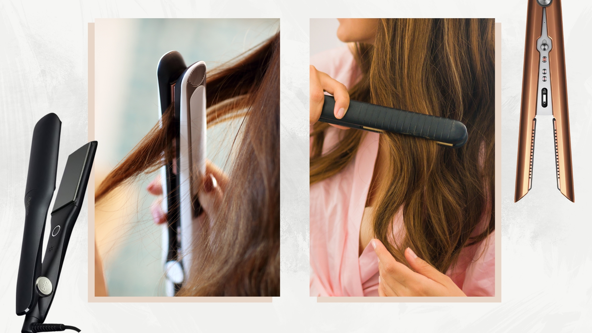Two close-up pictures of women using straighteners on their hair, alongside product shots of the ghd Platinum+ straightener and the Dyson Corrale™, all featured in a grey and white marbled template