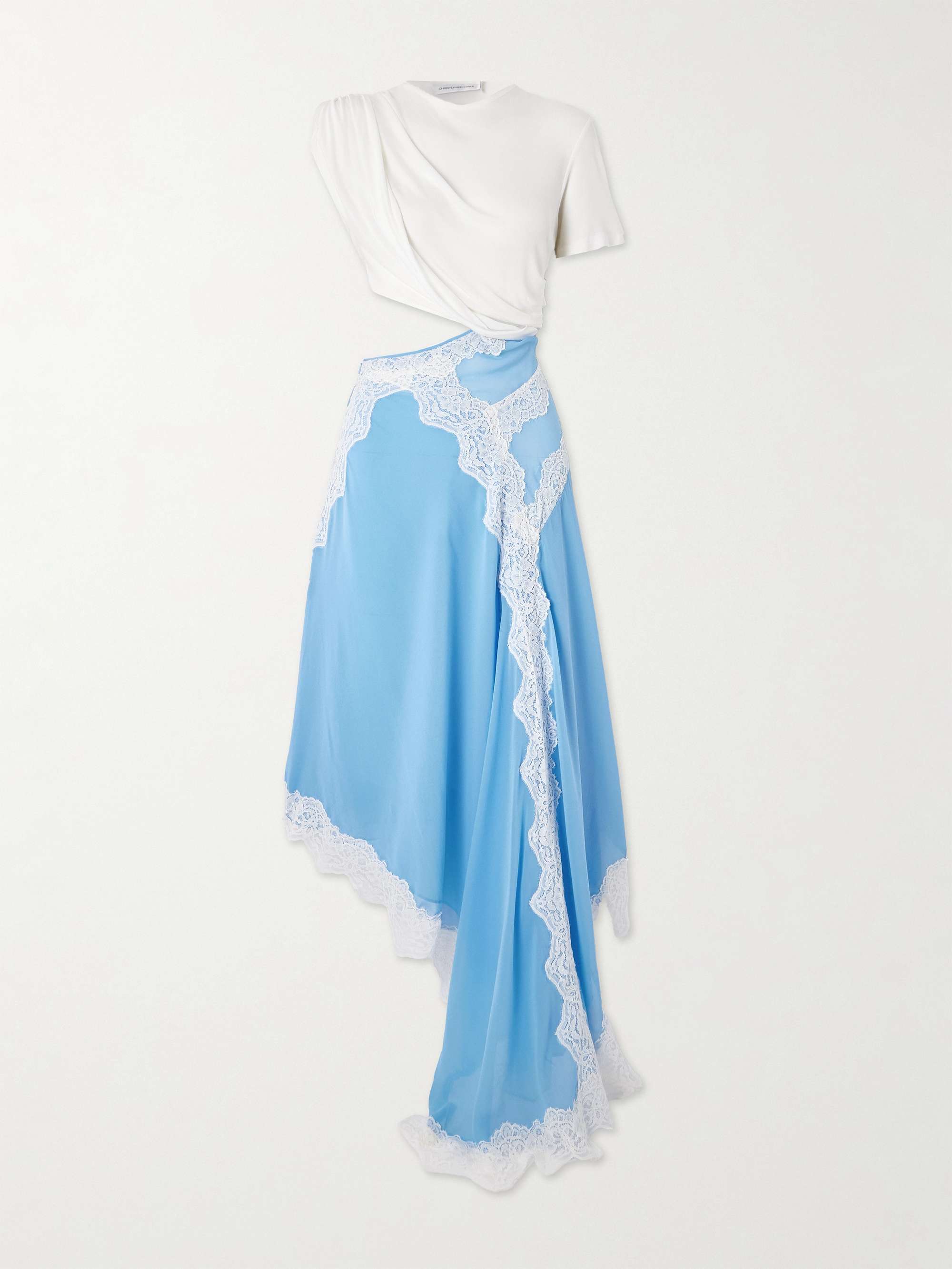 Verve Asymmetric Lace-Trimmed Silk-Georgette and Ribbed Jersey Dress
