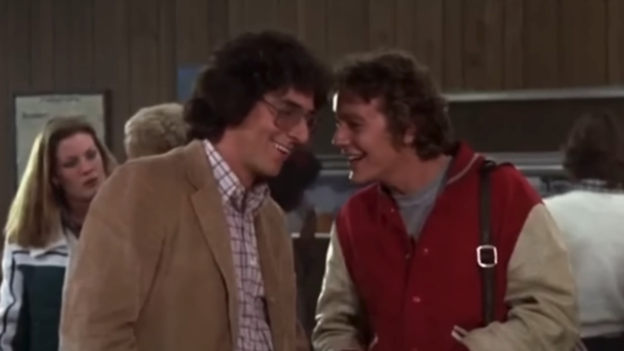 Harold Ramis on the left, giggling with Judge Reinhold in Stripes.