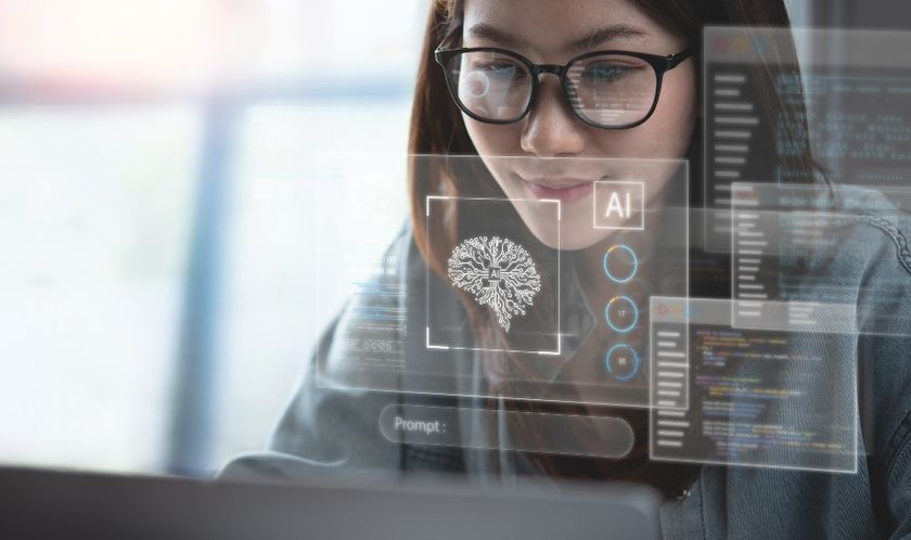 A business woman looking at AI on a transparent screen