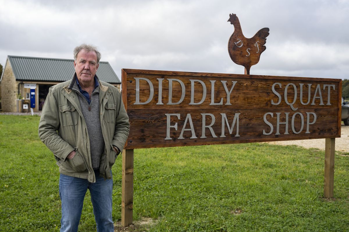 Jeremy Clarkson next to the &#039;Clarkson&#039;s Farm&#039; shop.