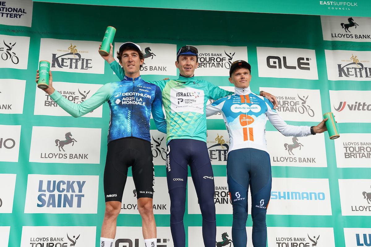 Picture by Elliot Keen&acirc;&acirc;&acirc;&acirc;/British Cycling/via SWpix.com - 07/09/2024 - Lloyds Bank Tour of Britain 2024 - Stage 6: Lowestoft to Felixstowe - General Classification Podium - Stevie Williams (Israel - Premier Tech) Wins the Lloyds Bank Tour of Britain 2024, Oscar Onley (Team dsm-firmenich PostNL) take second and Tom Donnenwirth (Decathlon AG2R La Mondiale DT) takes third