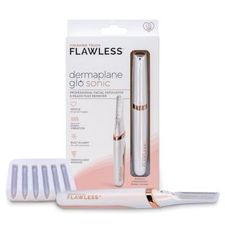 Finishing Touch Flawless Dermaplane Glo Sonic beleuchtetes Gesichtspeeling, vibrierender Dermaplane-Elektrorasierer für Dermaplaning, Gesichtshaarentferner, 6 Ersatzköpfe