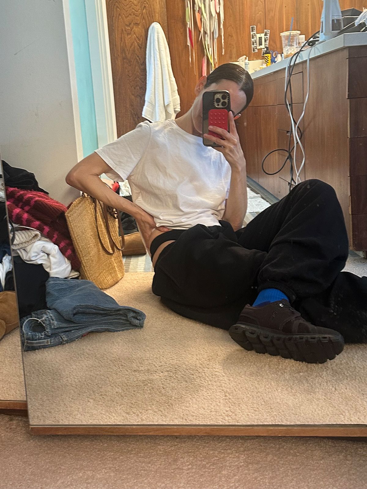 Karla Welch wearing her favorite comfortable outfit post-travels.
