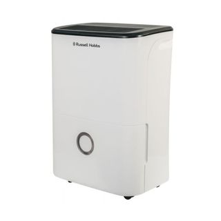 A white Russell Hobbs 20L dehumidifier with grey top