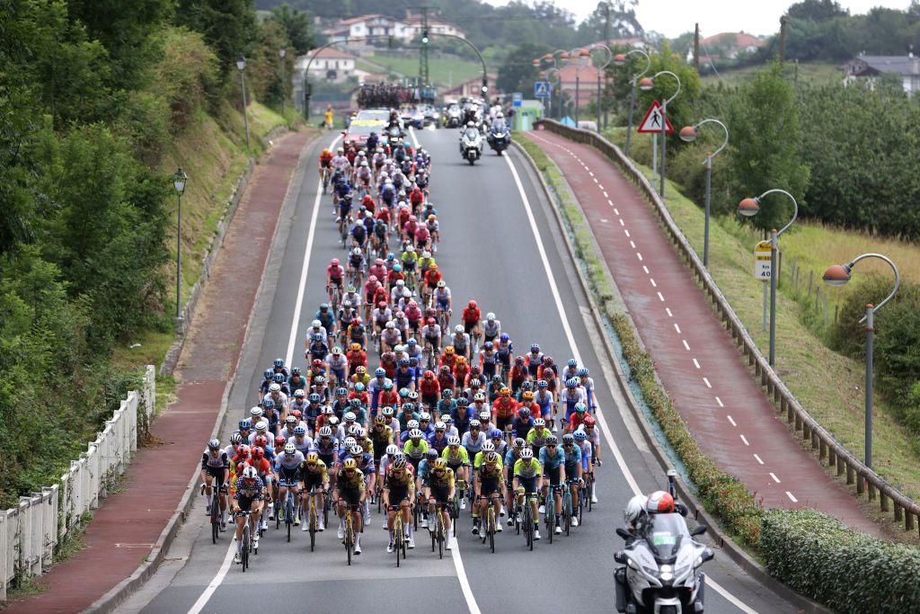 BILBAO SPAIN JULY 01 A general view of the peloton competing during the stage one of the 110th Tour de France 2023 a 182km stage from Bilbao to Bilbao UCIWT on July 01 2023 in Bilbao Spain Photo by Michael SteeleGetty Images