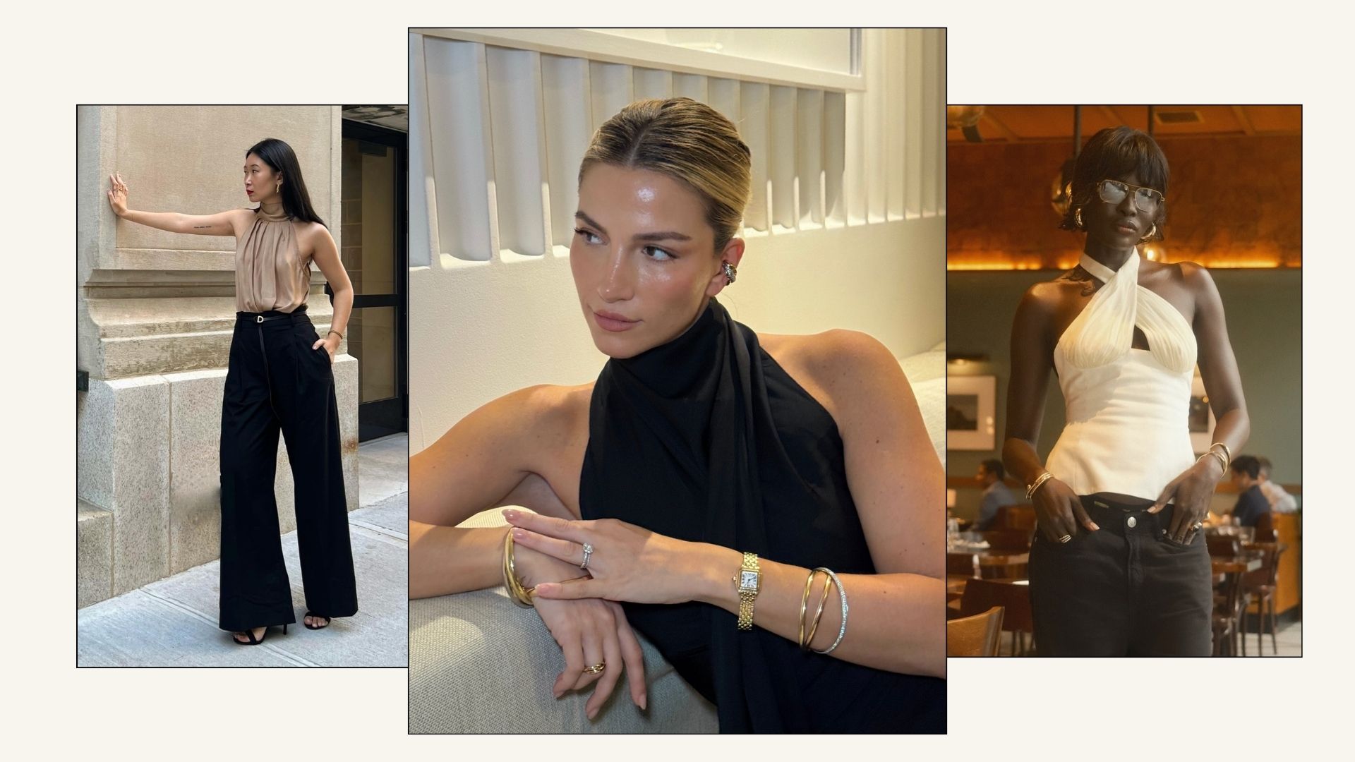 Influencers wear halterneck blouses with a selection of outfits.