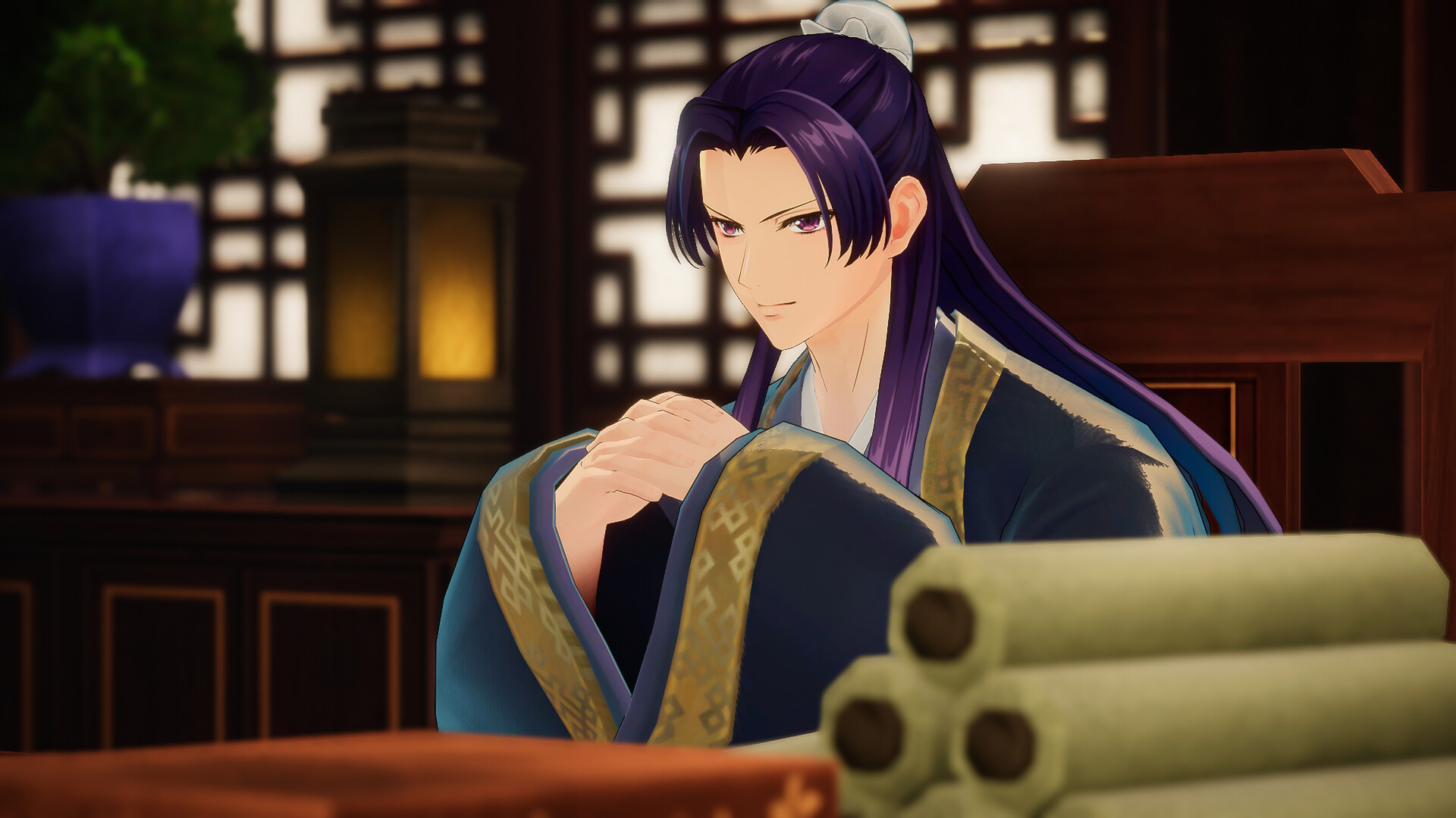 Jinshi sits at a desk in adventure game, The Apothecary Diaries: The False Imperial Brother