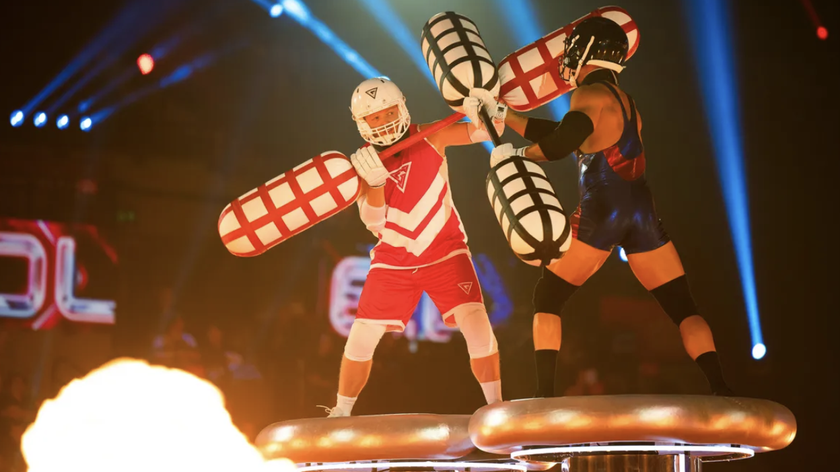 Armed with giant pugil sticks, Rob Beckett competes in Duel on Celebrity Gladiators 2025