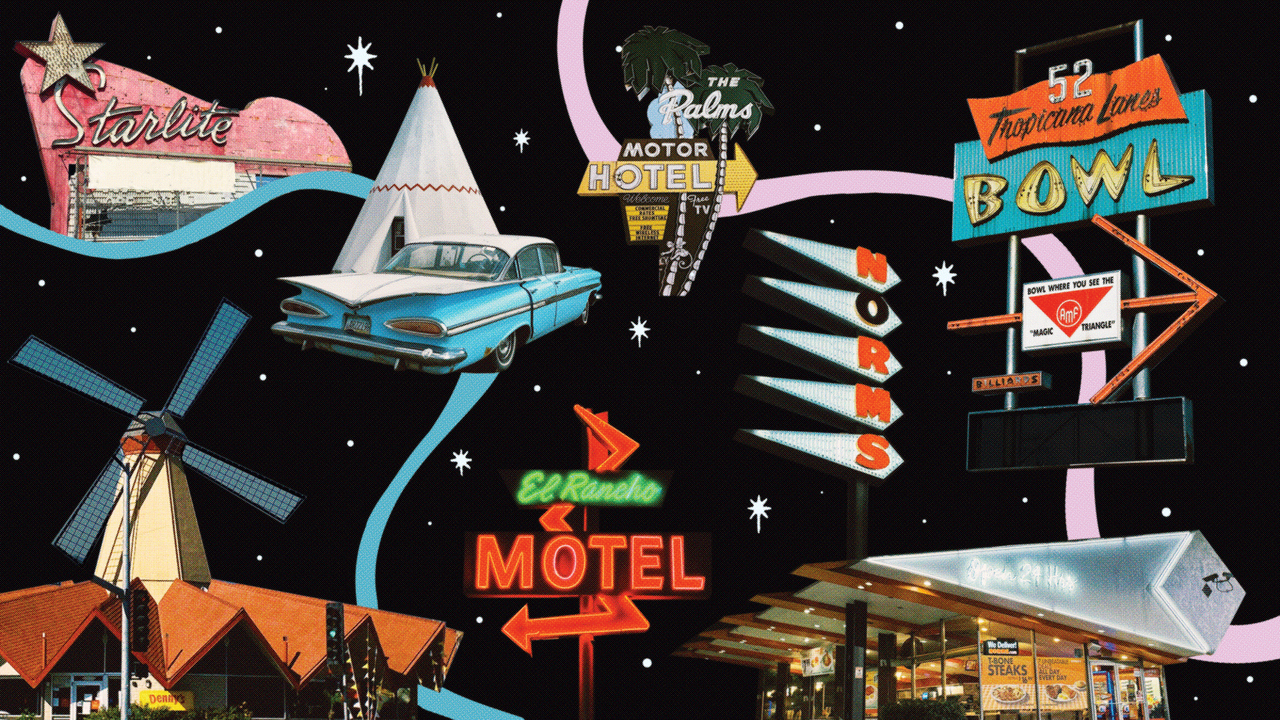 A series of "Googie architecture"-style mid-century road, neon-lit signs stands out against a black background.