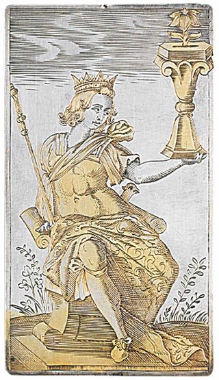 The king of cups. This ruler is dressed in ancient Roman clothing.