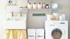 Grey laundry room with a butler sink with a a yellow sink skirt shelves pf products and a washing machine 
