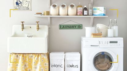 Grey laundry room with a butler sink with a a yellow sink skirt shelves pf products and a washing machine