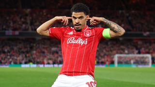 Nottingham Forest midfielder Morgan Gibbs-White celebrates scoring against FC Porto in the Europa League