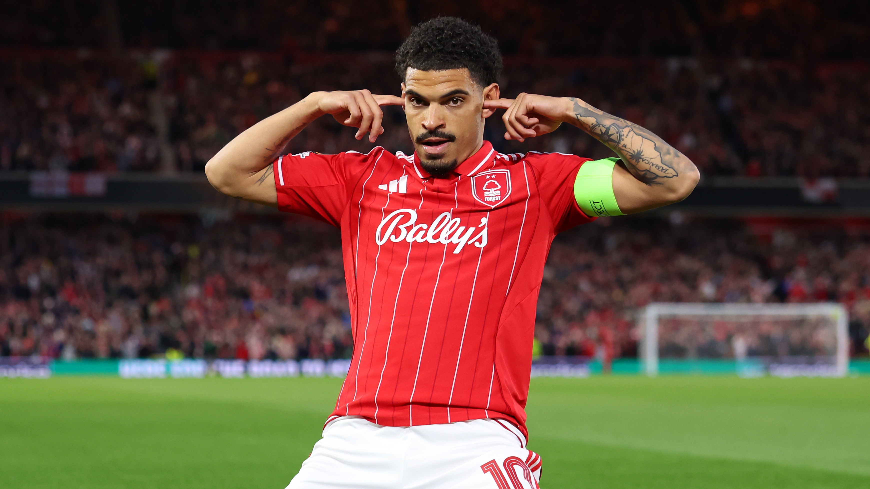 Nottingham Forest midfielder Morgan Gibbs-White celebrates scoring against FC Porto in the Europa League
