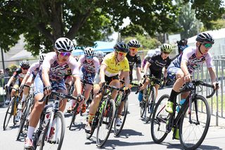 Overall race leader Chloe Hosking (Lexus of Blackburn) surrounded by Roxsolt Attaquer riders during day 3 of the 2019 Bay Crits