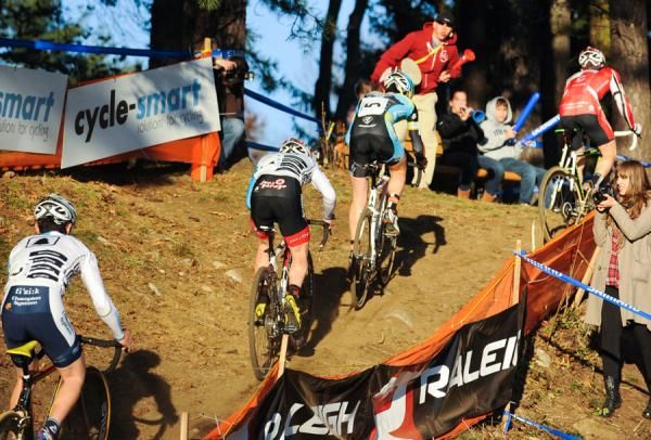 Dylan McNicholas at the front up the climb.
