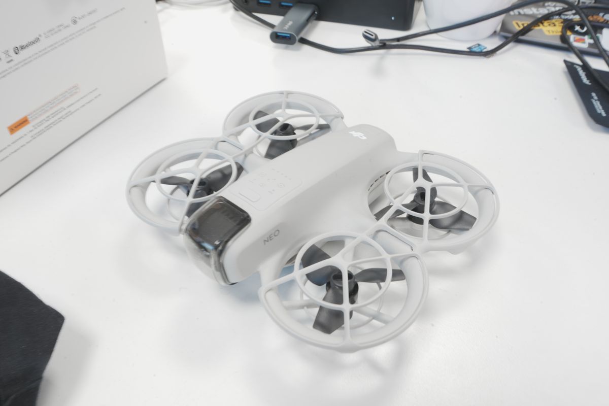 A photo of a DJI Neo drone, taken on a Sony A1 II mirrorless camera and with a Sony FE 28-70mm F2 GM lens