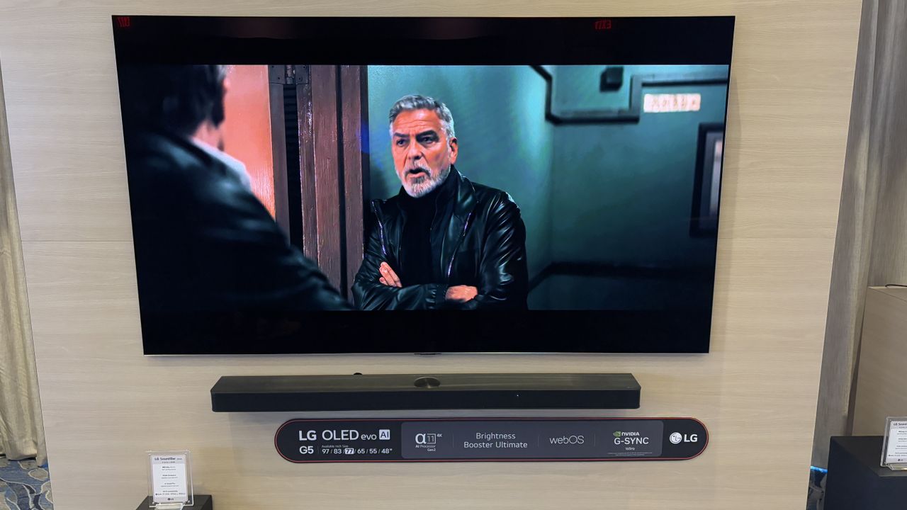 LG G5 OLED TV with Apple TV+'s Wolfs on screen