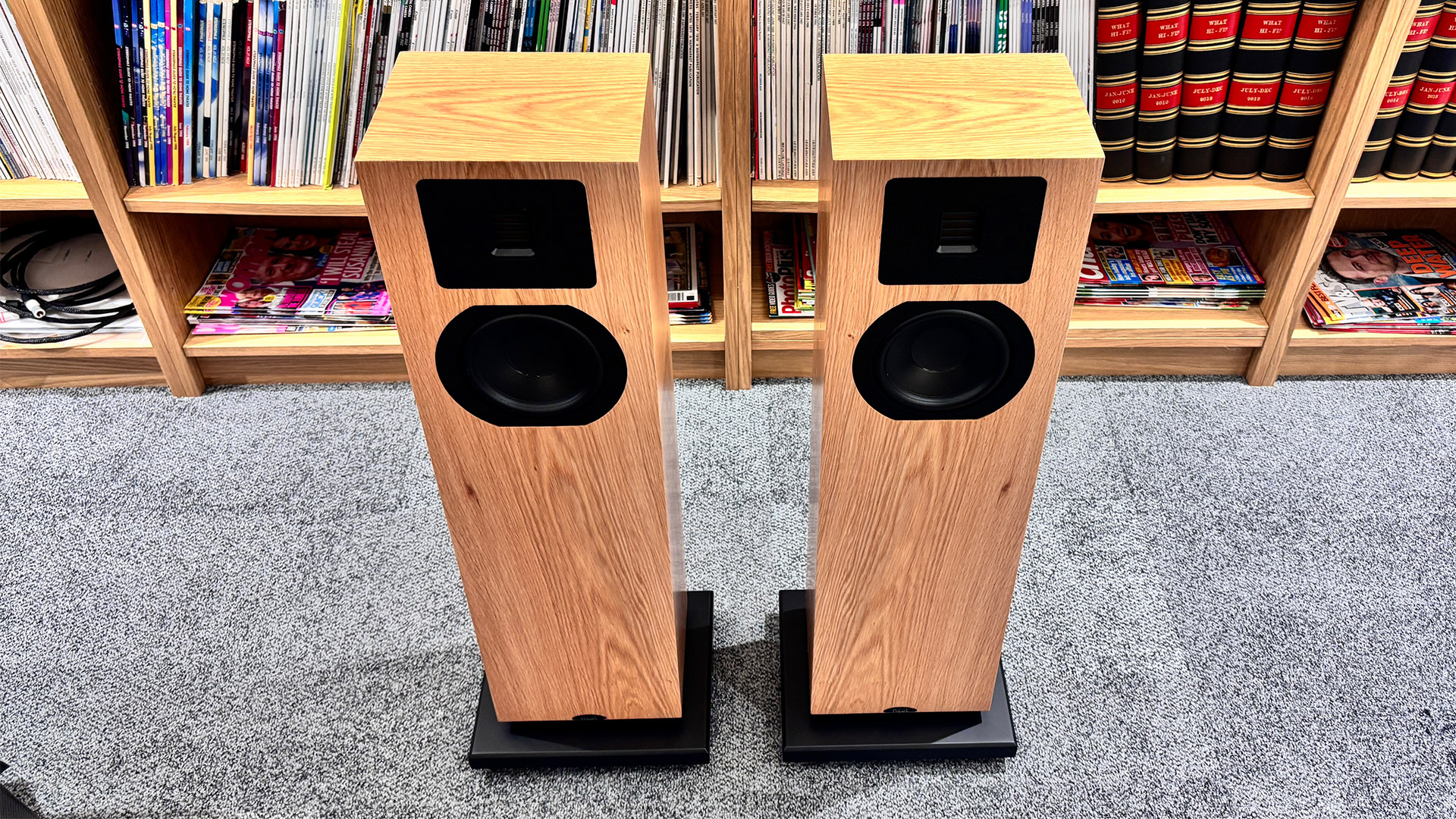 Neat Mystique Classic floorstanding speakers on grey carpet in front of bookcase
