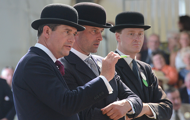Adam Waugh, joint-master of the College Valley and North Northumberland, judging the bitch hounds in the foxhounds ring alongside Charles Frampton MFH from the Heythrop (credit Ginni Beard)