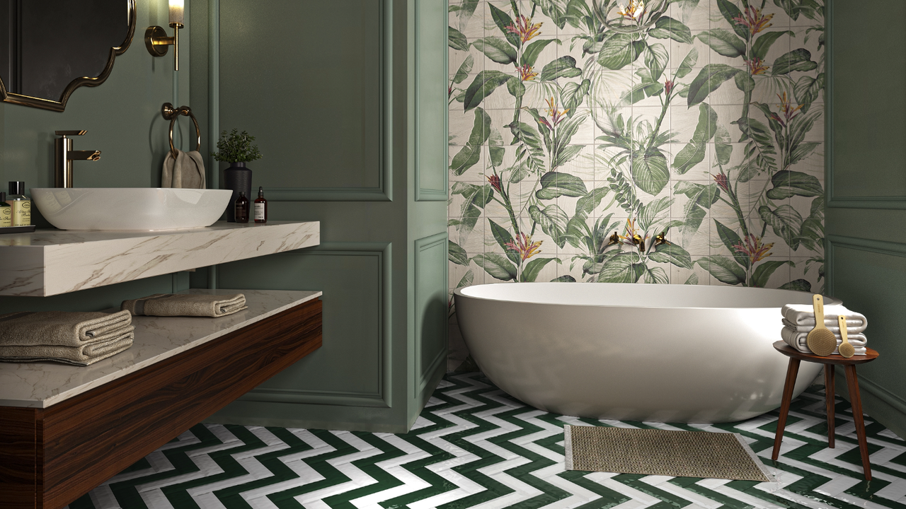 Bathroom with freestanding bath and zigzag flooring