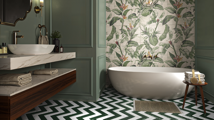 Bathroom with freestanding bath and zigzag flooring