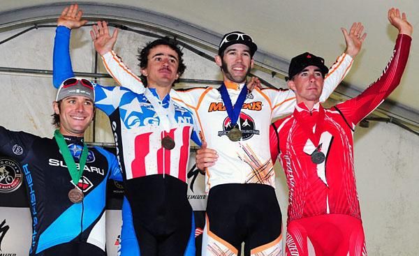 The men's podium (l-r) Jeremy Horgan-Kobelski 4th, Adam Craig 3rd, Geoff Kabush 1st, Todd Wells 2nd