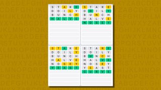 Quordle daily sequence answers for game 665 on a yellow background