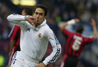 Raul Gonzalez celebrates after scoring for Real Madrid against Bayer Leverkusen in the 2002 Champions League final.