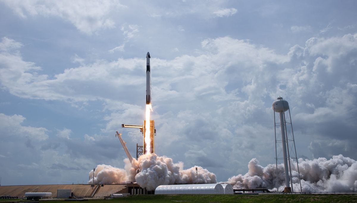 A SpaceX Falcon 9 rocket launches the Crew Dragon Demo-2 mission to the International Space Station with NASA astronauts Bob Behnken and Doug Hurley, on May 30, 2020, at NASA&#039;s Kennedy Space Center in Florida.