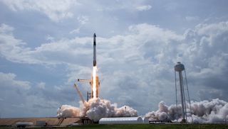 A SpaceX Falcon 9 rocket launches the Crew Dragon Demo-2 mission to the International Space Station with NASA astronauts Bob Behnken and Doug Hurley, on May 30, 2020, at NASA's Kennedy Space Center in Florida.