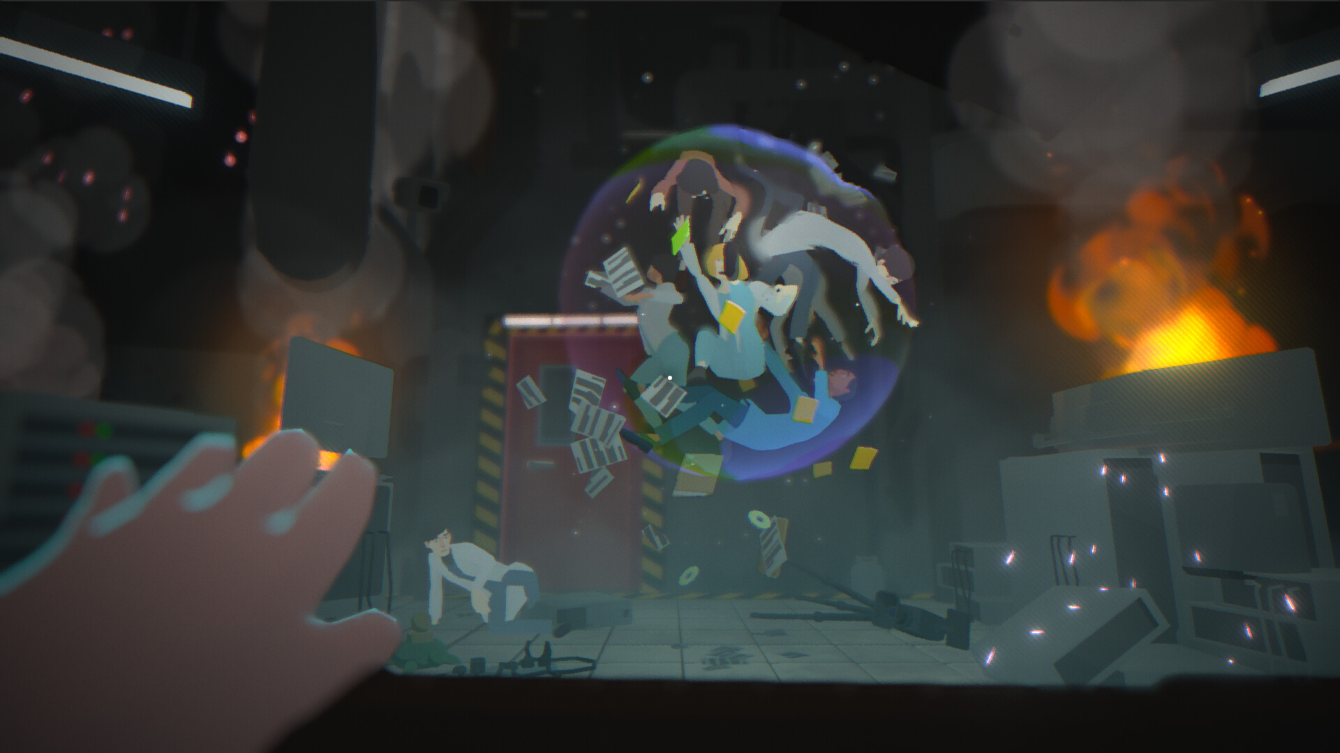 Goodnight Universe screenshot showing the first-person perspective of baby with supernatural powers who appears to be levitating people caught up in a translucent circle