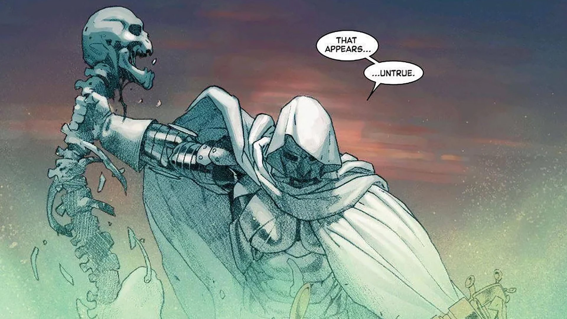 Doctor Doom holding Thanos' spinal column and head aloft in victory in Secret Wars (2015)