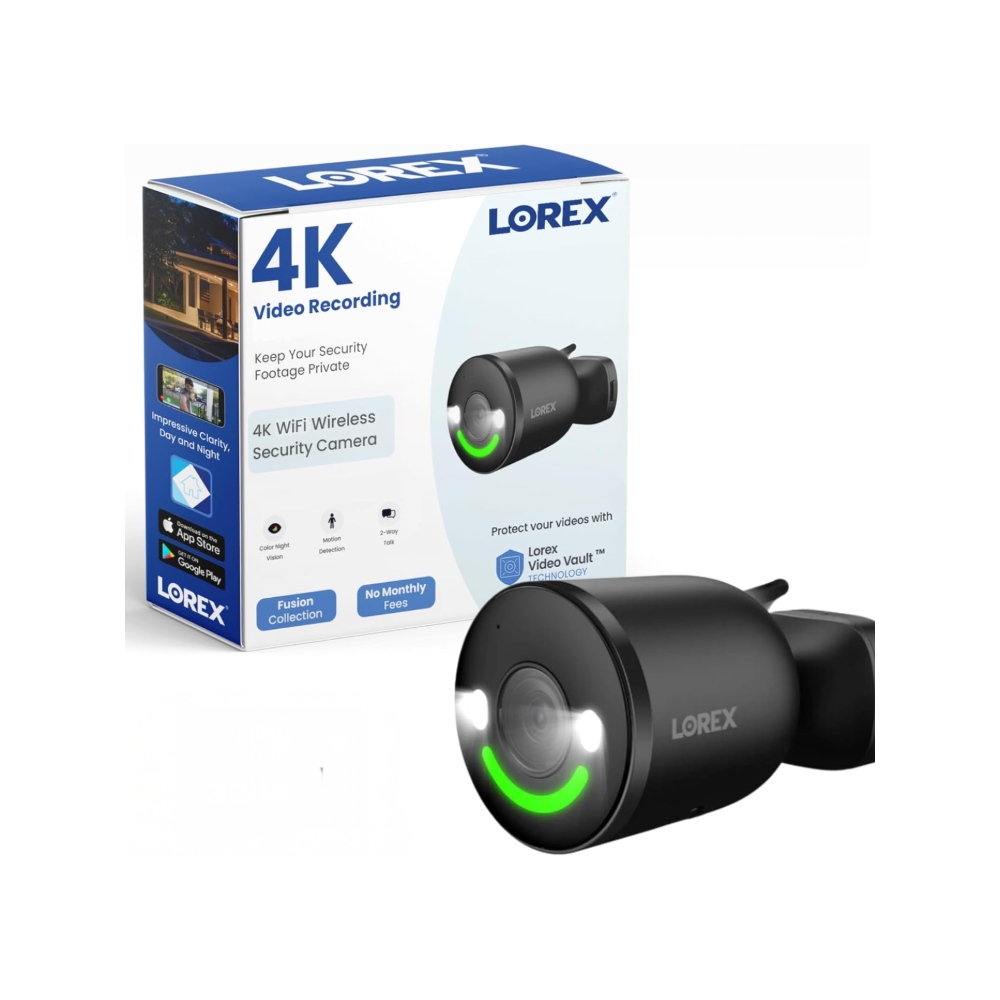 Lorex 4K Spotlight Indoor/Outdoor Camera, one of the best pet cameras, next to the box
