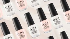 Repeating images of OPI Funny Bunny and Bubble Bath on a pink background