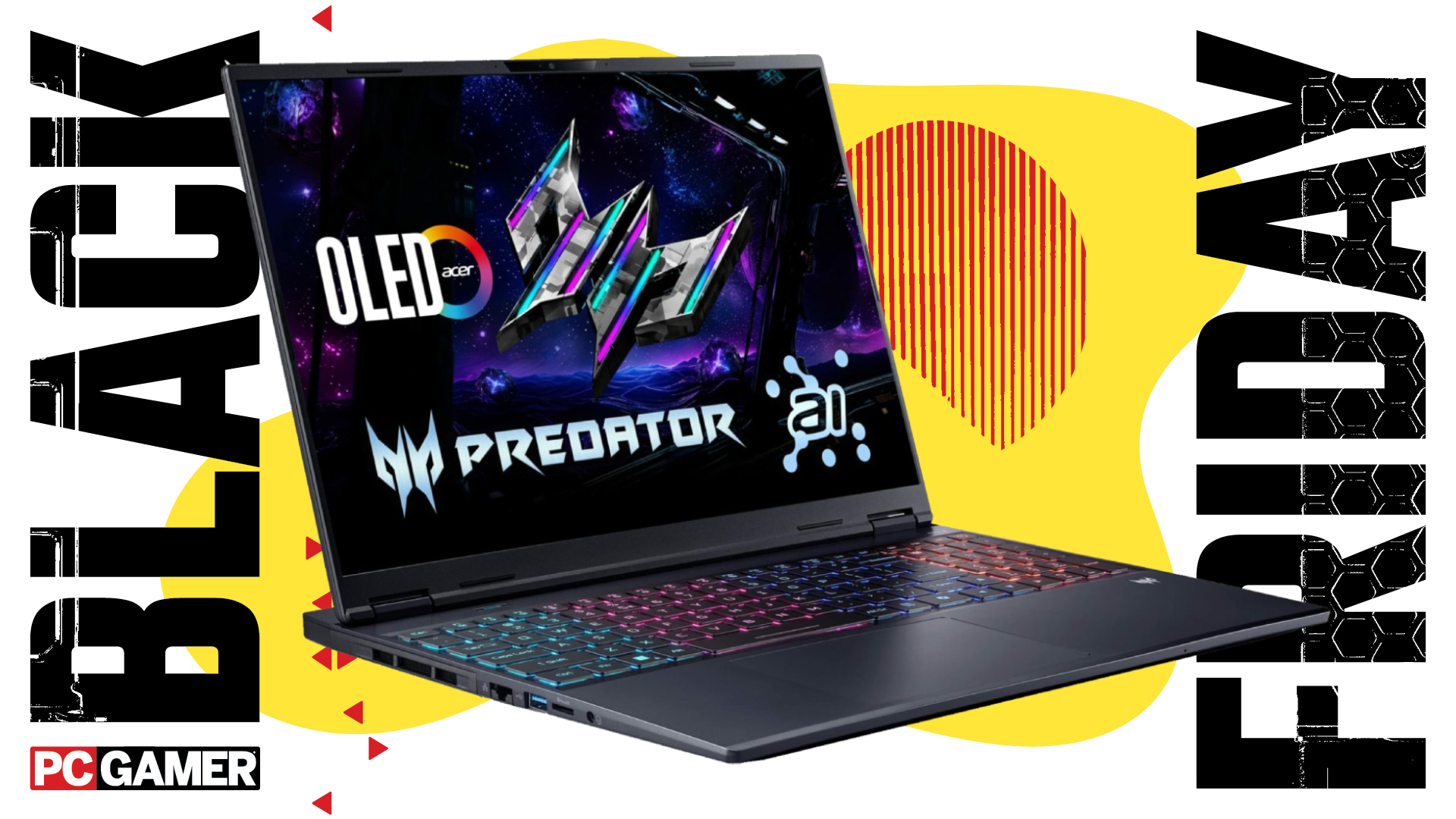 An Acer Predator Helios Neo 16S gaming laptop on a colorful yellow Black Friday background with the PC Gamer logo in the bottom left.