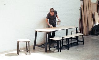 Loellmann uses mortise-and-tenon joints to connect hazel branches to the oak tops