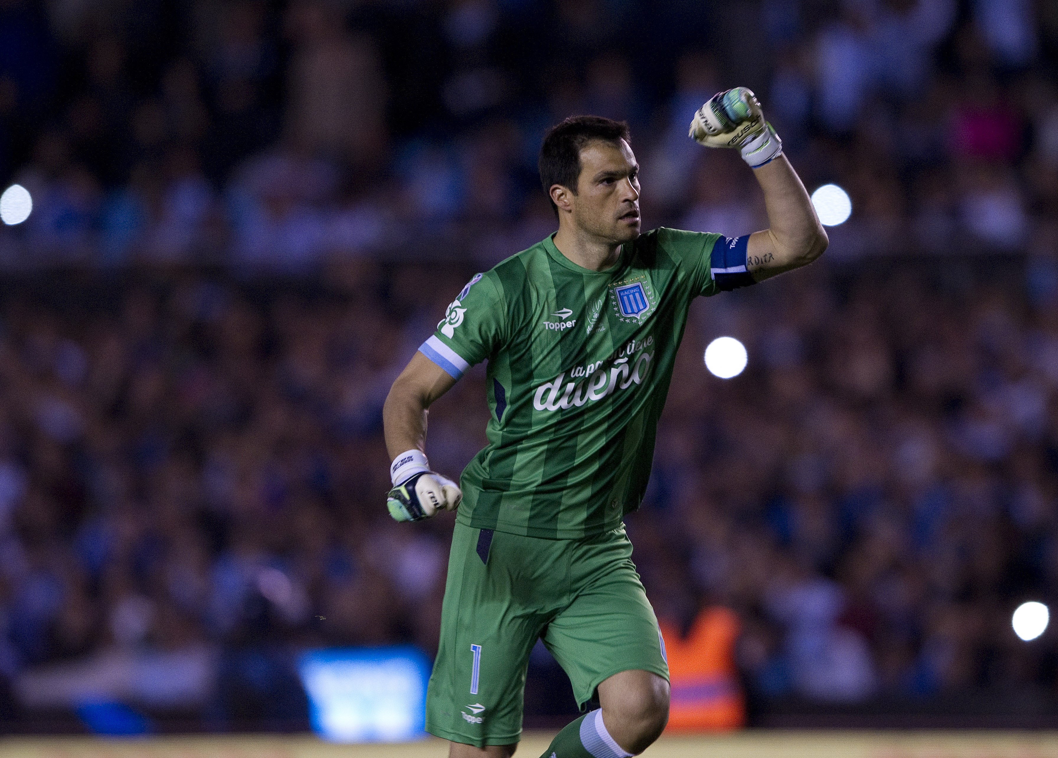 Sebastian Saja celebrates after scoring a penalty for Racing Club against Boca juniors in October 2015.