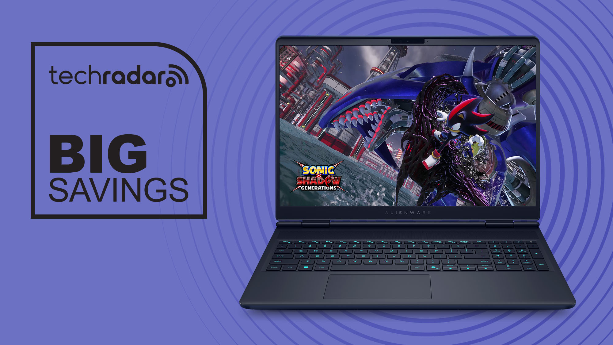 Alienware 16X Aurora Gaming Laptop on purple background with TechRadar big savings sign