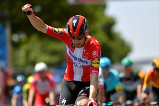 Michael Morkov celebrates a successful lead out for Sam Bennett at the Tour Down Under