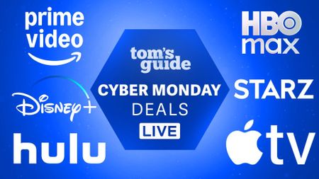 Tom's Guide Cyber Monday deals badge surrounded by logos for Prime Video, Disney Plus, Hulu, HBO Max, Starz and Apple TV